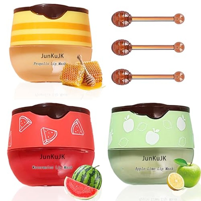 3 Pcs Bee Lip Balm Honey Pot with Stick,Moisturizing Lip Mask Overnight,Day and Night Tinted Sleeping Lip Balm,Hydrating Lip Scrubs Exfoliator & Moisturizer