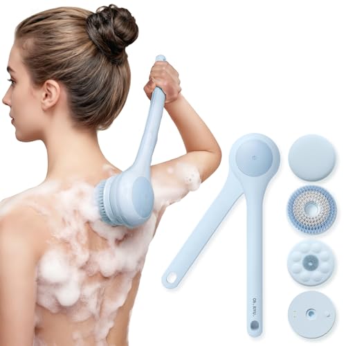 Electric Body Brush Back Scrubber for Shower, Waterproof Long Dual Handle Power Body Scrubber with 3 Heads, Bath Brush & 2 Speeds, for Cleansing, Exfoliating and Massaging Skin, Sky Blue
