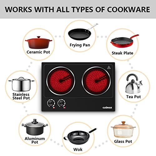 CUSIMAX Double Burner Electric Hot Plate 1800W Ceramic Cooktop Black
