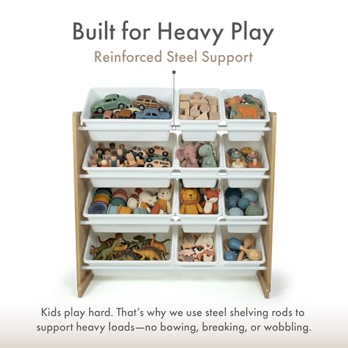 Kids Toy Organizer with 12 Bins - Tall Natural Wood/White Storage Shelf