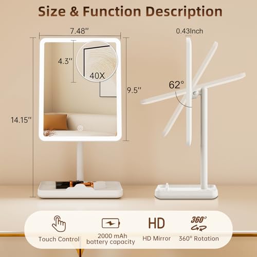 Rechargeable Vanity Mirror with Lights 40X Magnifier - 9.5x7.5 Inch, White