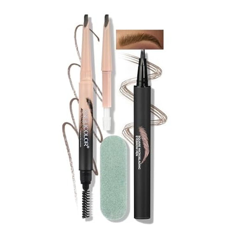 Anglicolor Eyebrow Pen, Angled Brow Brush, Microblading Eyebrow Pencils for Women, Natural Brow Pen, Eyebrow Brush To Hair-Like Strokes Long-Lasting, Waterproof, Smudge-Proof (02 Mocha Set)
