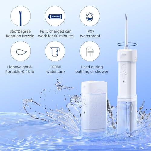 White Portable Cordless Water Flosser with 5 Modes, Travel Size, IPX7 Waterproof, 200ML, Rechargeable