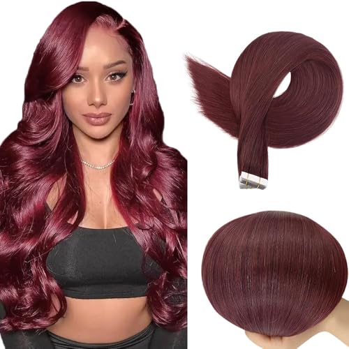 16 Inch Burgundy Tape-In Hair Extensions - Red Straight Human Hair, Seamless & Invisible - 10 Pcs, 45g Variation of TP-Burgundy-99J