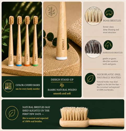 Horsehair Bamboo Toothbrush 4-Pack - Eco-Friendly Soft Natural Bristles Sensitive Gums