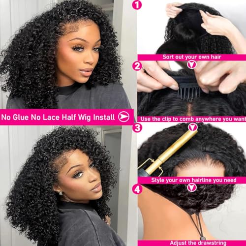 Curly Half Wig Human Hair 18 Inch Glueless Kinky Curly Style - Wear & Go