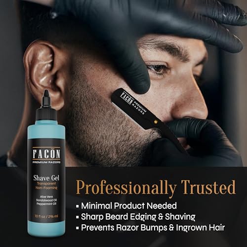 Fac?n Transparent Shaving Gel for Men w/Aloe Vera, Cooling Menthol, Peppermint & Sandalwood Oil Scent ? Clear Non Foaming Straight Razor Shave Gel, Barber Shaving Gel to Prevent Razor Bumps, 10 fl oz