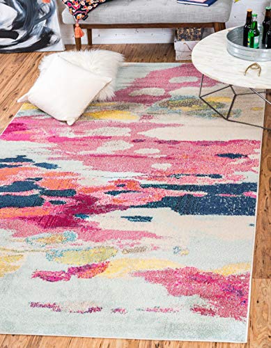 Rectangular Pink Ivory Abstract Area Rug - 5' x 8' Modern Vibrant Carpet