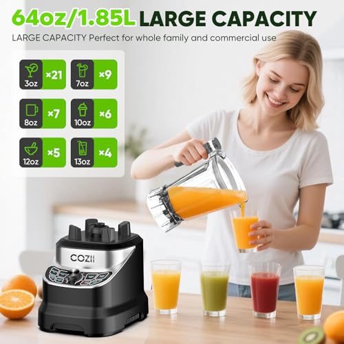 COZII Black 2000W Professional Countertop Blender with 64oz Pitcher & 21oz To-Go Cup