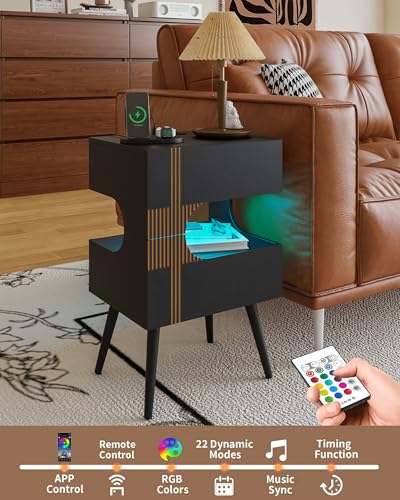 Black Nightstand with Charging Station & LED Lights, Modern Bedside Table with 2 Drawers