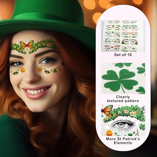 St. Patrick's Day Temporary Tattoos - Shamrock Face Stickers - Green Clover Body Tattoos - Self Adhesive Party Makeup - Festival & Holiday Party Supplies - 10pcs