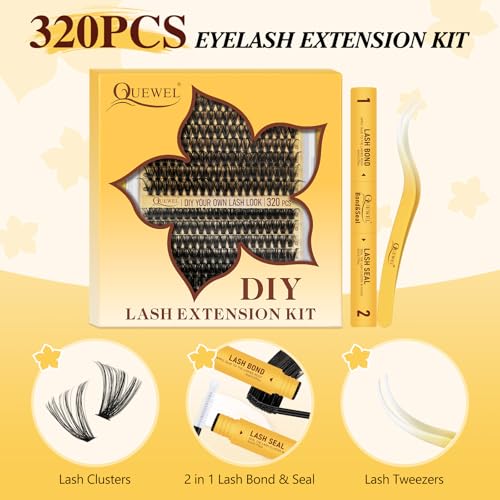 QUEWEL Lash Clusters Kit, 320Pcs 60D+80D Lash Cluster Eyelash Extensions Mix 12-18mm 3D Eyelash Clusters with Lash Bond and Seal and Lash Tweezers Easily Create 3D Lashes Clusters at Home(60+80D Kit)