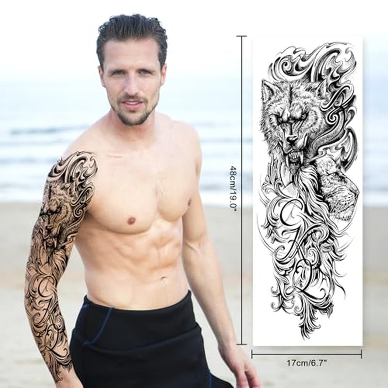 Full Arm Black Temporary Tattoo Sleeve for Men 8 Sheets, Scary Fake Tattoos That Look Real, Tigers for BBQ Pool Beach Party