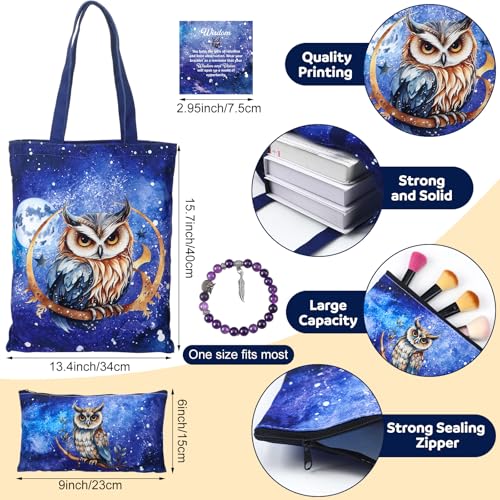 Bokon 8 Pcs Christmas Owl Gifts for Women with Throw Blanket Mug Canvas Tote Bag Makeup Bag Funny Socks Natural Stone Bracelet with Card & Gift Box for Women Mom Daughter Sister Bestie Owl Lovers
