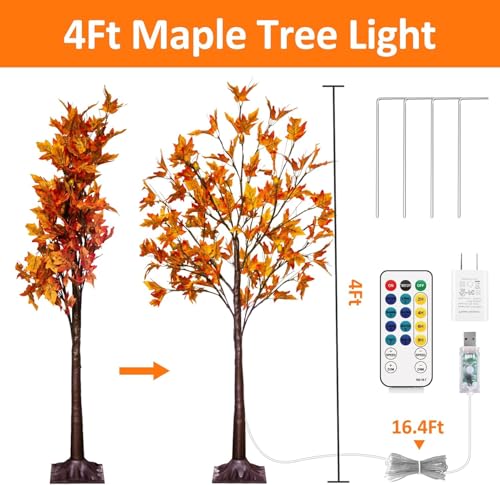 4Ft Lighted Artificial Maple Tree for Fall & Thanksgiving Decor, 60 LED Dimmable & Flashing Modes