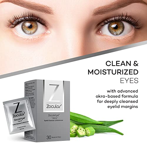 Zocular ZocuWipe Eyelid Cleansing Wipes with Natural Okra Complex ? Gentle Daily Eyelid Cleanser & Moisturizing Pads ? Makeup Remover & Eye Hygiene Wipes ? 30 Count