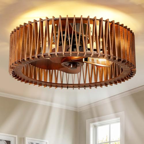 20-Inch Flush Mount Ceiling Fan with Light and Remote - Wooden Cage Low Profile Farmhouse N