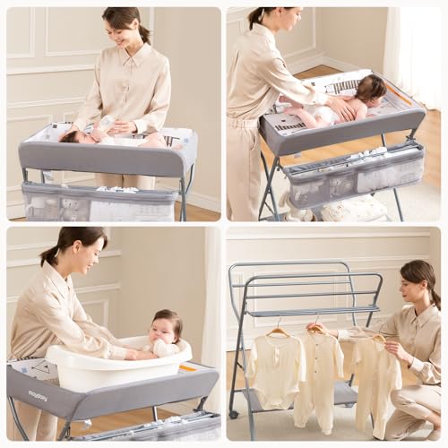 Maydolly Baby Changing Table with Wheels - Light Grey Portable Adjustable Diaper Station & Storage Rack