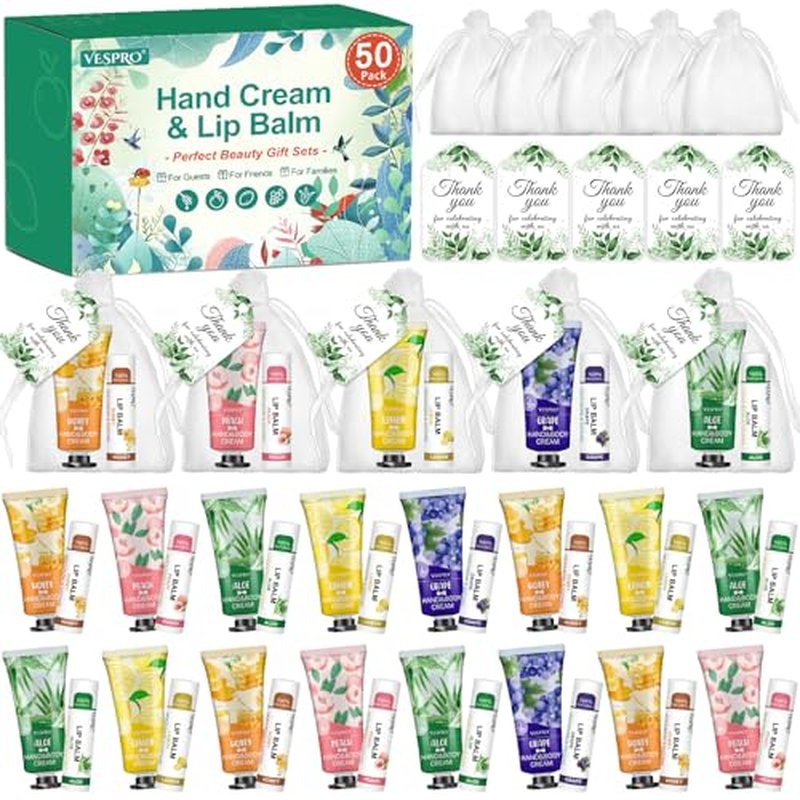 50 Sets Bulk Hand Cream and Bulk Lip Balm, Easter Basket Stuffers, Mothers Day Gifts, Bridal Shower Favors for Guests with Thank Card Organza Bags, Wedding Favors, Teacher and Nurse Gifts