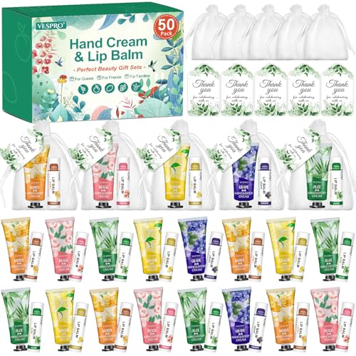 50 Sets Bulk Hand Cream and Bulk Lip Balm, Easter Basket Stuffers, Mothers Day Gifts, Bridal Shower Favors for Guests with Thank Card Organza Bags, Wedding Favors, Teacher and Nurse Gifts