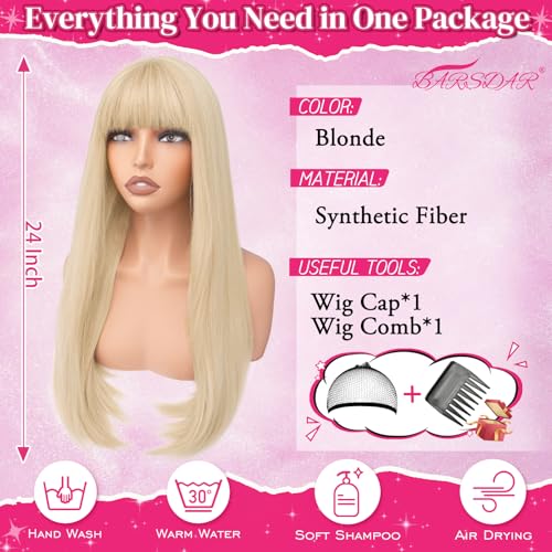 24 Inch Blonde Straight Layered Wig with Bangs Synthetic for Cosplay & Daily Wear - Variation of Blonde