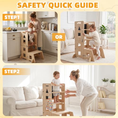 5-in-1 Toddler Standing Tower Kitchen Stool with Blackboard - Natural Wood Large