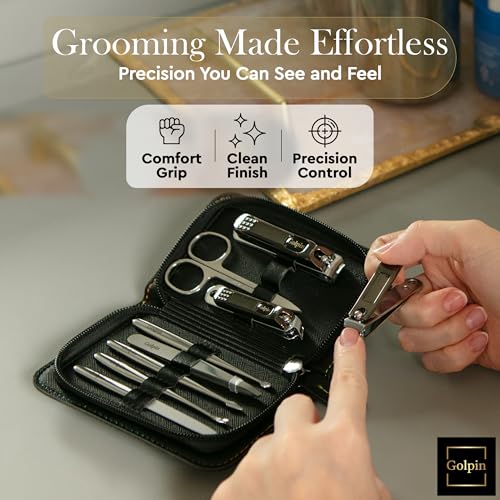 Black Stainless Steel Manicure Set for Men & Women – 9-Piece Travel Grooming Kit
