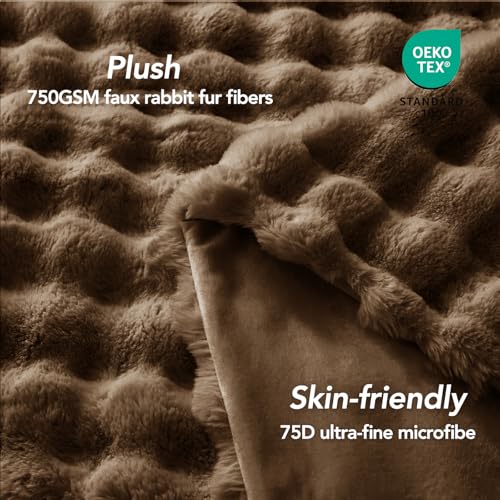 Faux Rabbit Fur Throw Blanket - 90x90 Inches, Cocoa Brown, Reversible & Ultra Soft