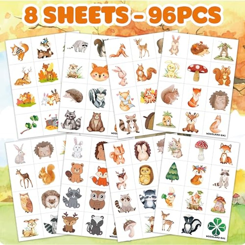 96PCS Woodland Animal Temporary Tattoos Stickers Pre-Cut ? 1st Birthday Party Favors, Decorations, Supplies - Forest Animal & Camo Pre-Cut Designs for Kids Boys Girls Adults Camping Adventures Gifts