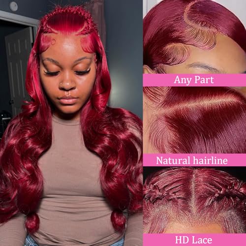 24 Inch Burgundy Lace Front Wigs Human Hair 13x4 HD Transparent Body Wave Pre Plucked 180% Density Glueless