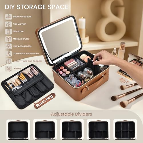 Faquenc ZS Brown Leather Makeup Bag with LED Lighted Mirror - Travel Cosmetic Organizer with Dividers