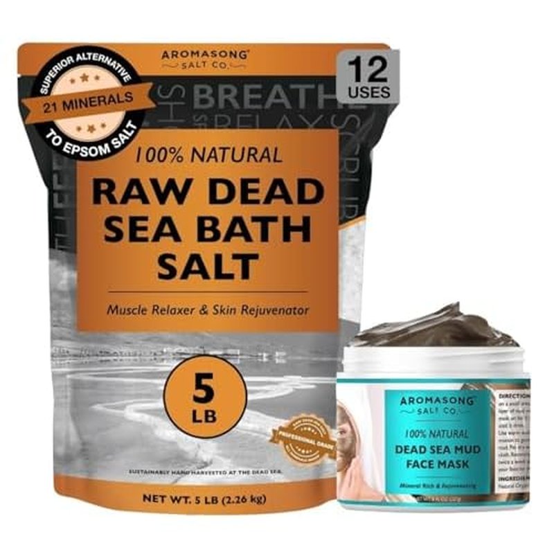 Aromasong Dead Sea Spa Bundle: 5 lbs Raw Dead Sea Salt + 100% Pure Dead Sea Mud Mask for Detox and Relaxation