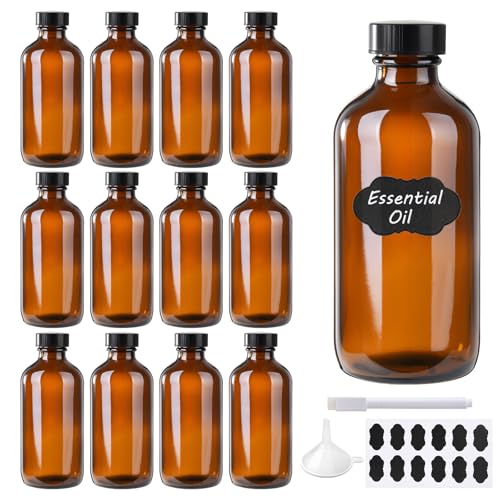 8 oz Amber Glass Boston Round Bottles Pack of 12 with Black Poly Cap - Homemade Extract & Essential Oil Storage
