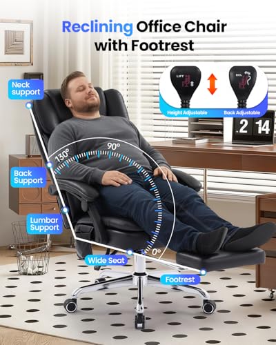 Massage Office Chair with Footrest & Lumbar Support - Black, Set of 1 - Ergonomic Executive Desk Chair