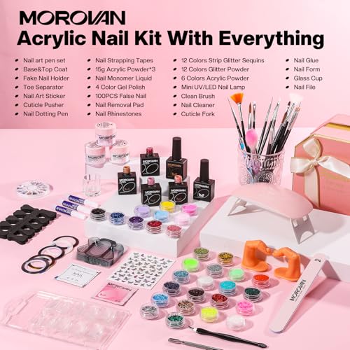 Morovan Acrylic Nail Kit for Beginners with UV Lamp - 73P Professional Gel and Glitter Set for Home Salon