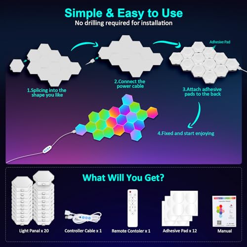 20-Pack Hexagon RGB Light Panels - Smart App & Remote Gaming Wall Lights