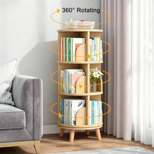 3 Tier Rotating Bookshelf - Wooden Round Floor Standing Bookcase with Legs
