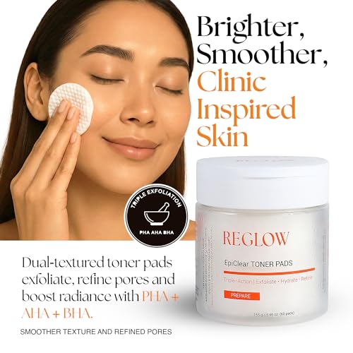 ReGlow EpiClear Exfoliating Toner Pads with PHA, AHA, BHA & Niacinamide - Pore Refining & Hydrating Facial Pads, 60 Count
