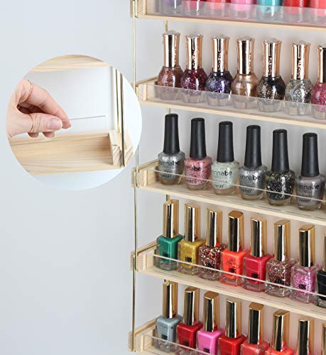Wood Wall Mount Nail Polish Display Shelf Rack - Holds 60 Bottles, 5 Tiers, Gold & Wood Finish