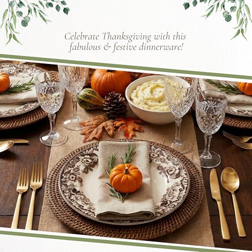 Dinner Plate Set of 4 - 10.5 Inch White and Brown Earthenware, Microwave & Dishwasher Safe | Delamere Pattern