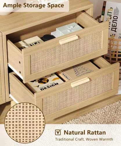 Keehusux 23.6-Inch Rattan Nightstand with Charging Station & Two Drawers