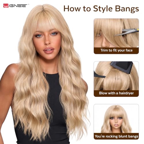 Lightweight Blonde Lace Part Wavy Wig with Curtain Bangs - 26 Inch, Natural Look
