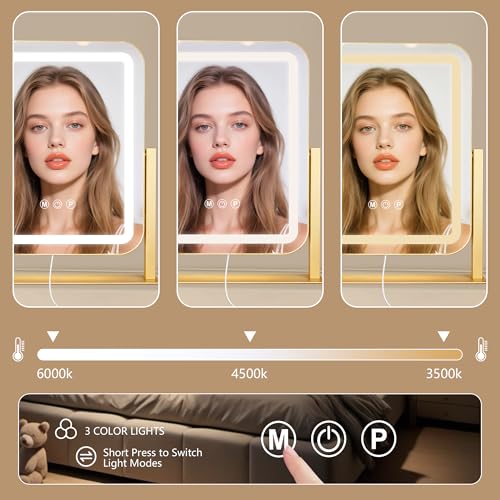 Gold Vanity Mirror with Lights 15"¡¿13", Led Makeup Mirror, Lighted Makeup Mirror with 3 Color Dimmable Lights, Smart Touch Screen Control, 360¡ÆRotation