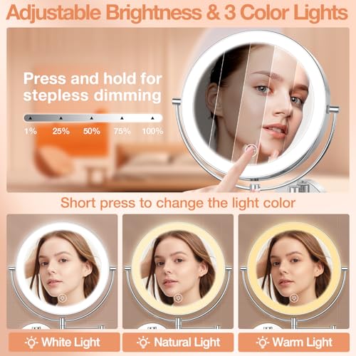Benbilry 9" Large Wall Mounted Lighted Makeup Mirror, 1X/10X Magnifying 2-Sided AC Plug-in Powered Bathroom Mirror with 3 Color Lights, Touch Dimmable, Extended Arm 360¡Æ Rotation, Chrome