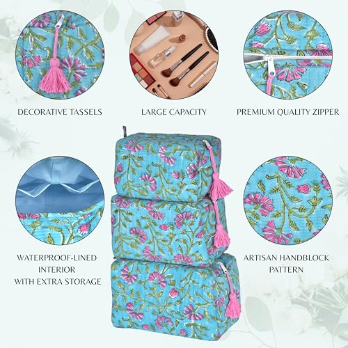 Quilted Floral Block Print Makeup Bag Set of 3 ? Cotton Travel Toiletry and Makeup Organizer, Cosmetic Pouch, Toiletry Bag for Women, Cute Boho Coquette Make Up Bags for Women (Small, Medium, Large)