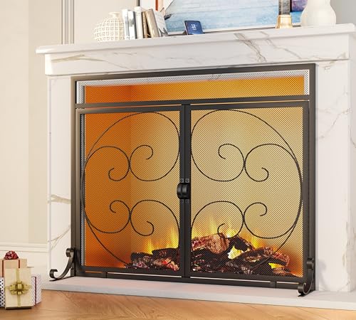 Fire Beauty Wrought Iron Fireplace Screen with Magnetic Double Doors Black