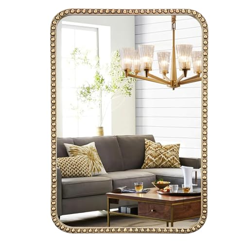 Gold 24x30 Beaded Frame Bathroom Mirror - Vintage Brass Vanity with Tempered Glass - Variation: 30L x 24W