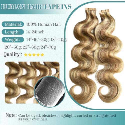 Balayage Ash Brown to Medium Blonde Tape-In Hair Extensions 18 Inch, Curly Wavy Body Wave, Seamless Human Hair, 40g