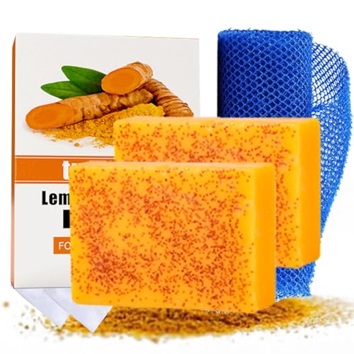 Turmeric Soap Bar and African Net Sponge, Organic Turmeric Soap Bar and African Exfoliating Net Sponge for Face, Natural Lemon TurmericFacial Cleanser Soap for Face & Body (2)