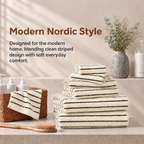 Black & Ivory Cotton Bath Towel Set - 8 Pack, Soft & Absorbent